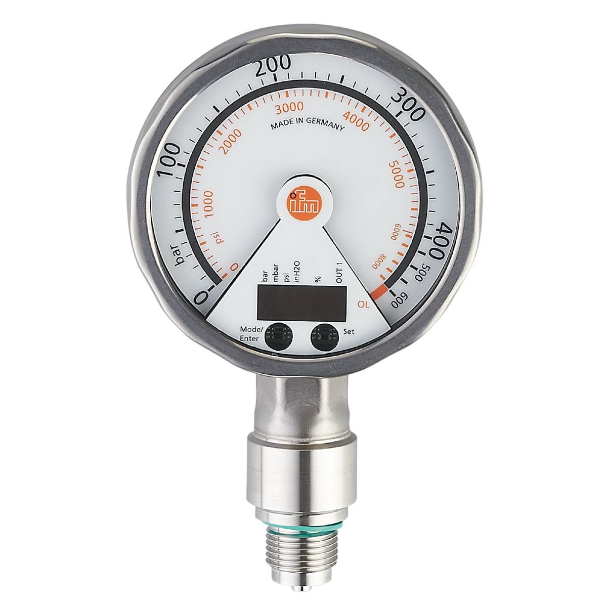 Srebrni analogni merilnik tlaka z lestvico do 400 barov in digitalnim prikazom, izdelan v Nemčiji.