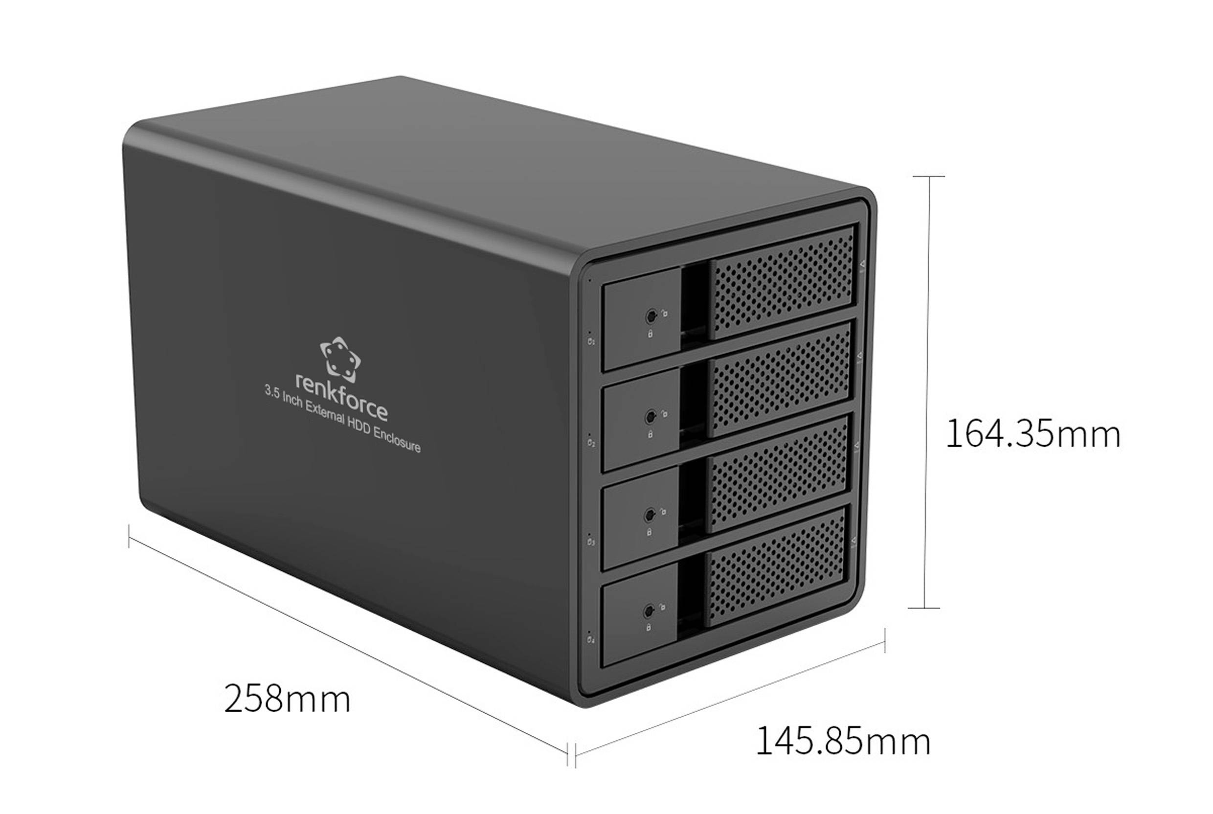 Zunanje ohišje za trde diske s štirimi predali. Mere: 258 mm dolžina, 145,85 mm širina, 164,35 mm višina.
