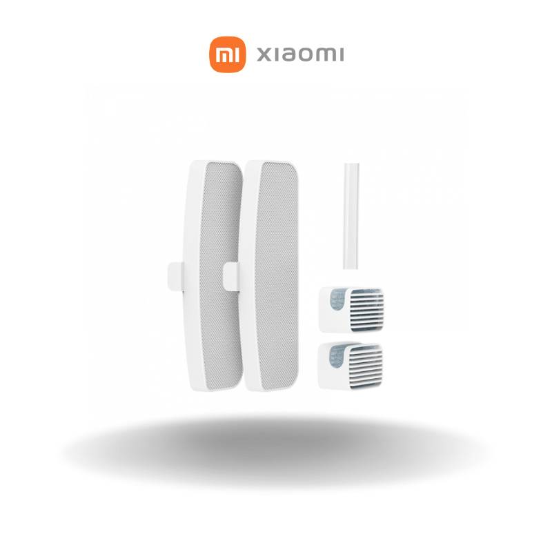 Dva bela, ploščata senzorja z utori na sredini, zasnovana za varnost vrat in oken. Logotip Xiaomi na sredini zgoraj.