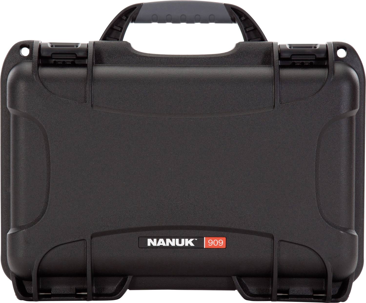 Črn trden kovček z ročajem. Logotip: 'NANUK 909'. Kovček je vzdržljiv in primeren za varen prevoz.