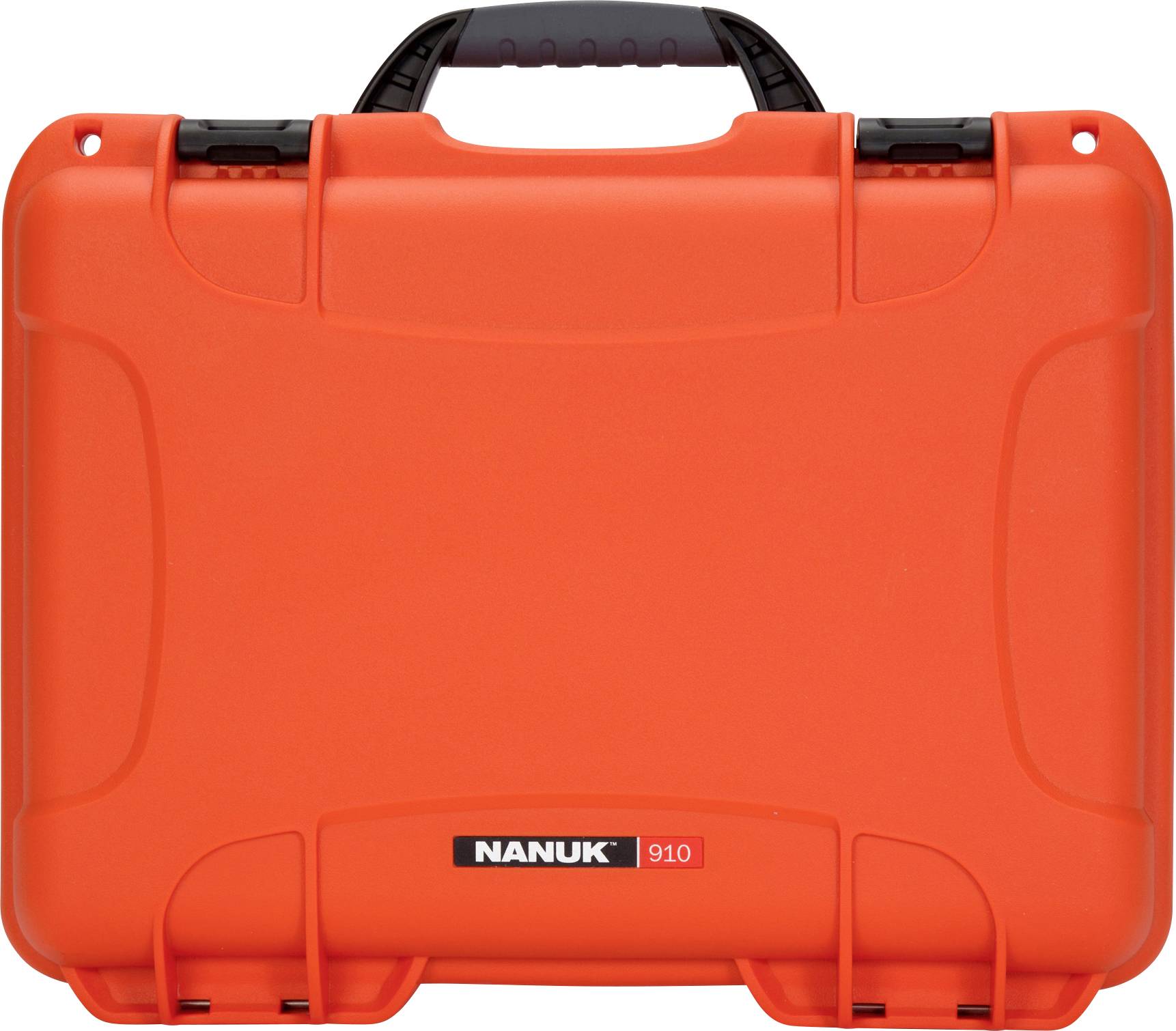Oranžen zaščitni kovček s črnim ročajem. Napis: 'NANUK 910'. Kovček za transport in zaščito občutljivih naprav.