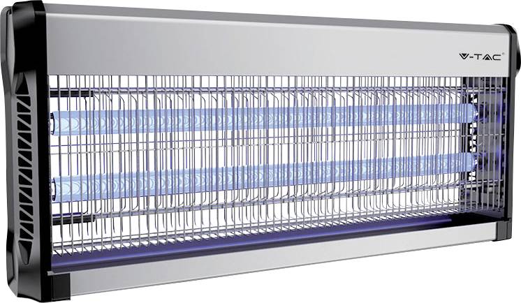 Električni uničevalec žuželk s kovinsko mrežo in modrimi UV-lučmi, namenjen nadzoru letečih žuželk v notranjih prostorih.