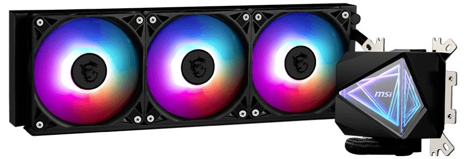 Trojni RGB hladilni sistem z ventilatorji in osvetljen procesorski vodni hladilnik z geometrijskim dizajnom podjetja MSI, namenjen zaščiti računalnika pred pregrevanjem.