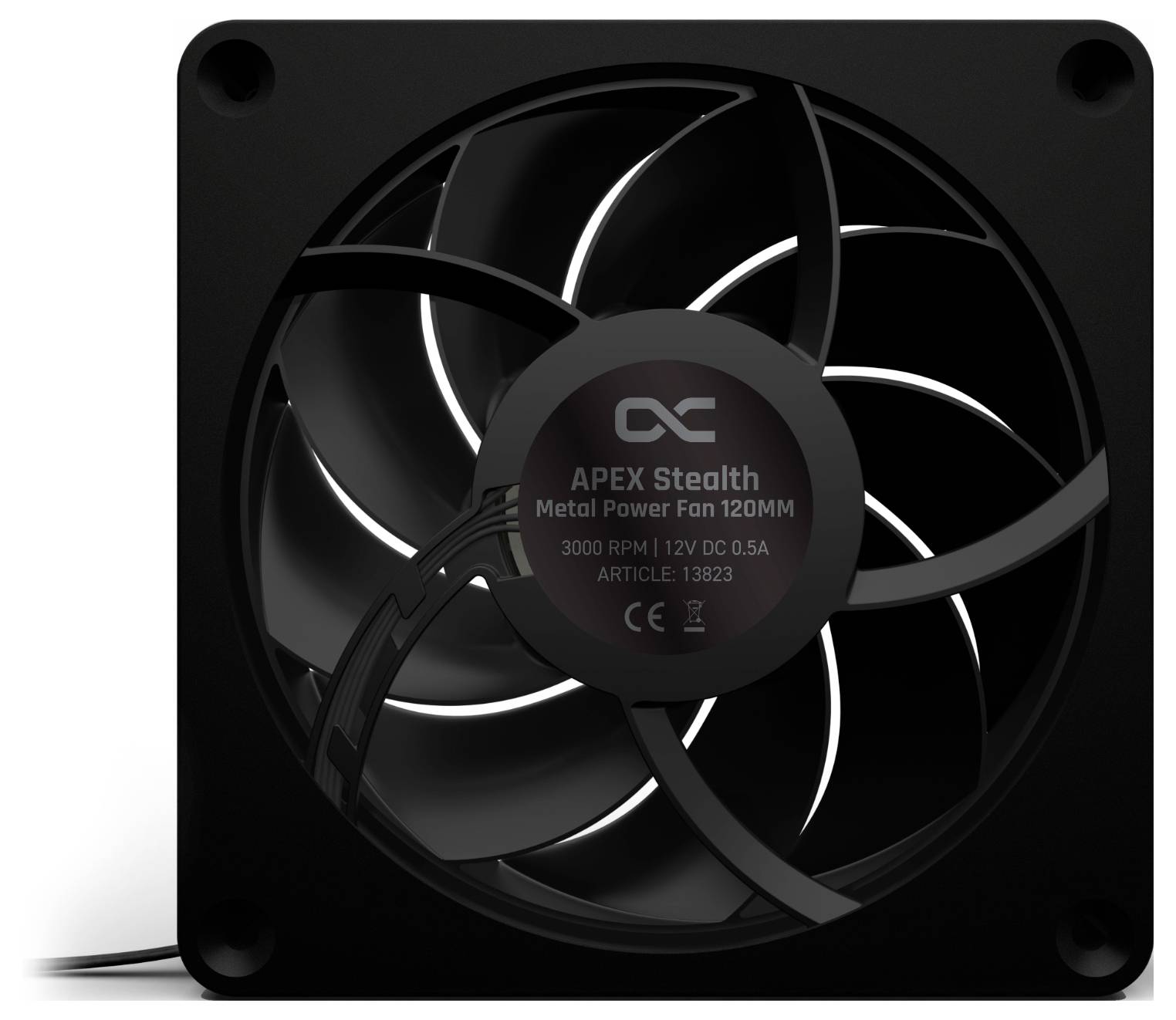 Črn računalniški ventilator s premerom 120 mm, z napisom blagovne znamke 'APEX Stealth', 3000 vrtljajev na minuto, 12V, tehnični component za hladilne sisteme.