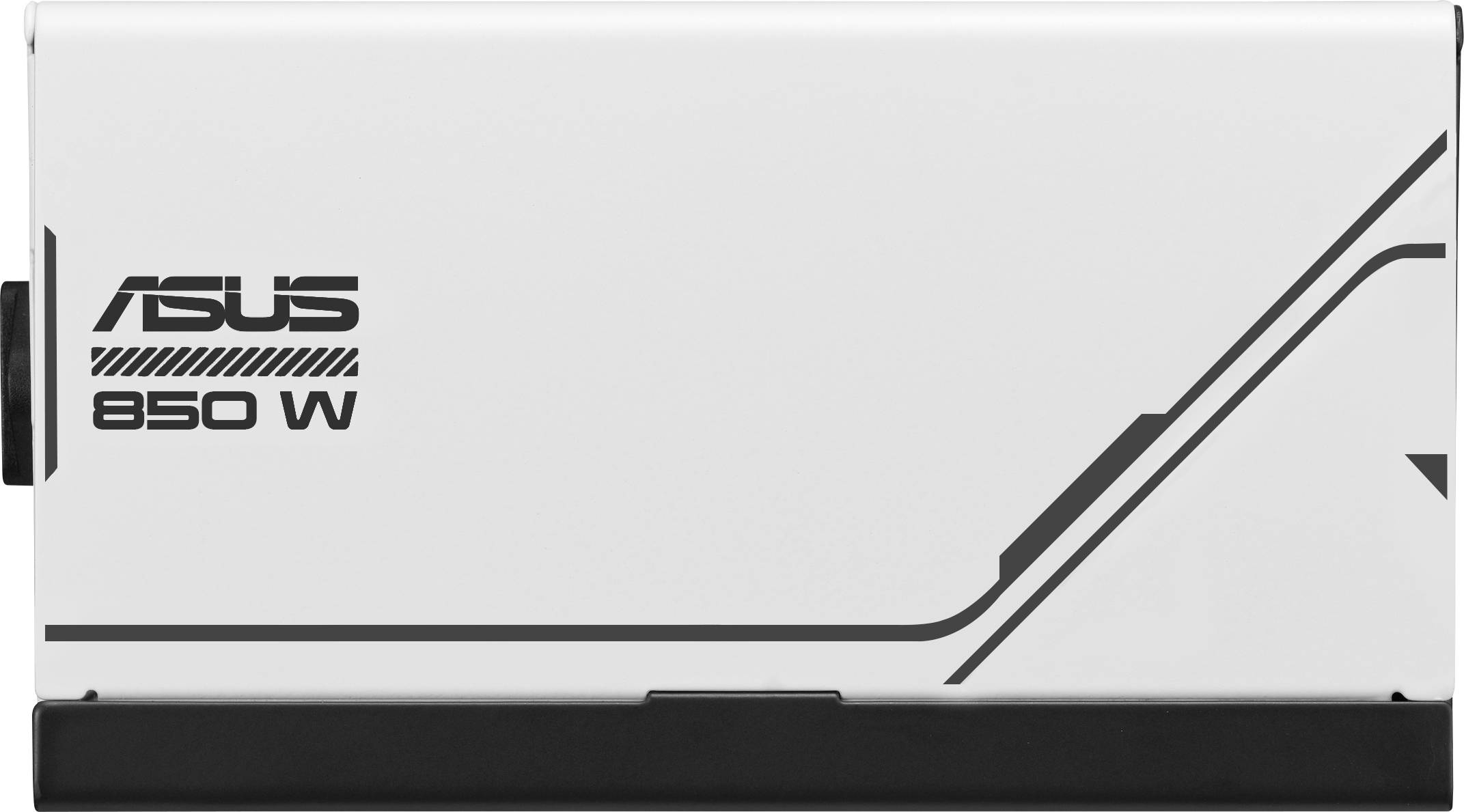 Zunanja ASUS napajalna enota z 850 W, belo ohišje, črn logotip in enostaven linijski dizajn.