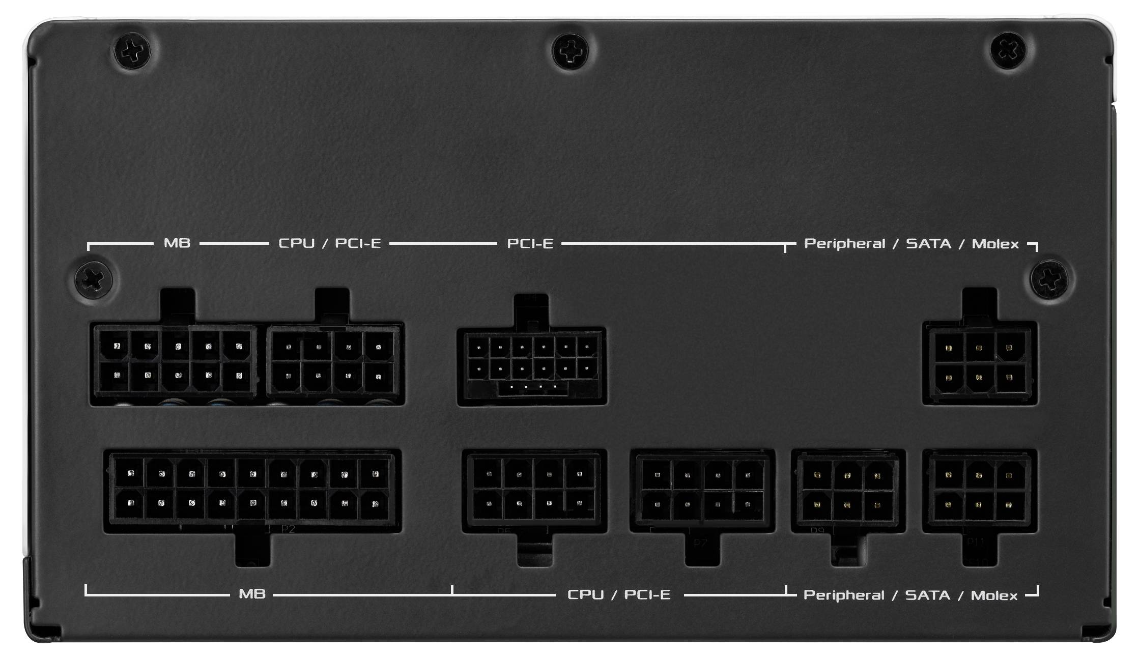Hrbtna stran napajalnika za osebni računalnik z različnimi vrstami priključkov: MB, CPU/PCI-E, PCI-E, Periferni/SATA/Molex, na črno-sivi površini.