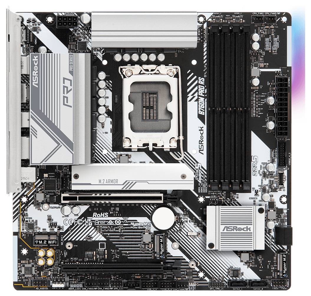 Računalniška matična plošča z različnimi režami in priključki, označena z blagovno znamko ASRock in hladilniki.