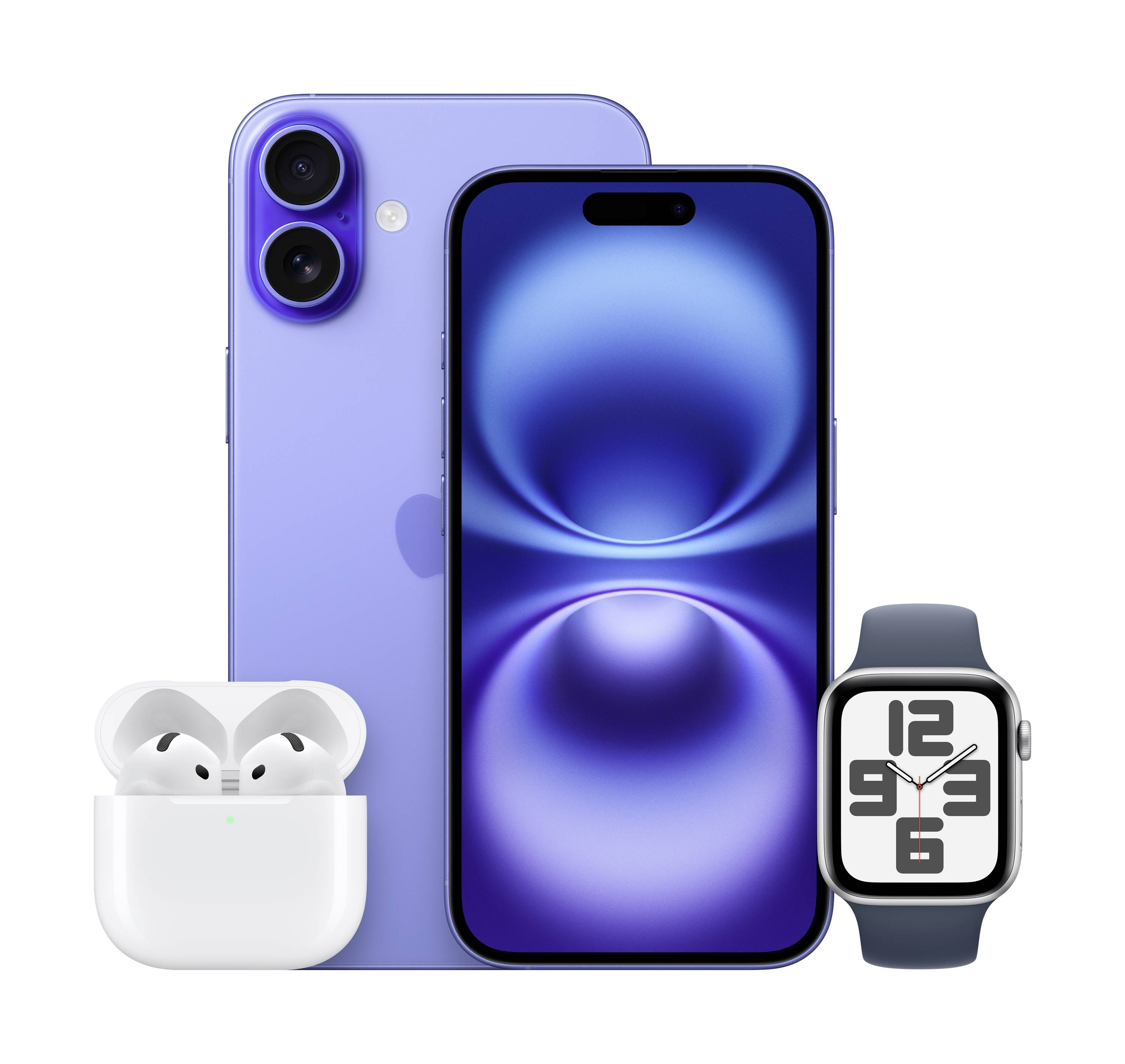 Pametni telefon v modri barvi z dvojno kamero, poleg brezžičnih slušalk in pametne ure z digitalnim številčnico in črnim pasom.