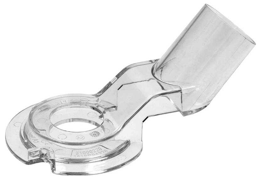 Prozoren, ukrivljen plastični del z zaokroženim koncem in odprtino. Videti je kot adapter ali priključek.