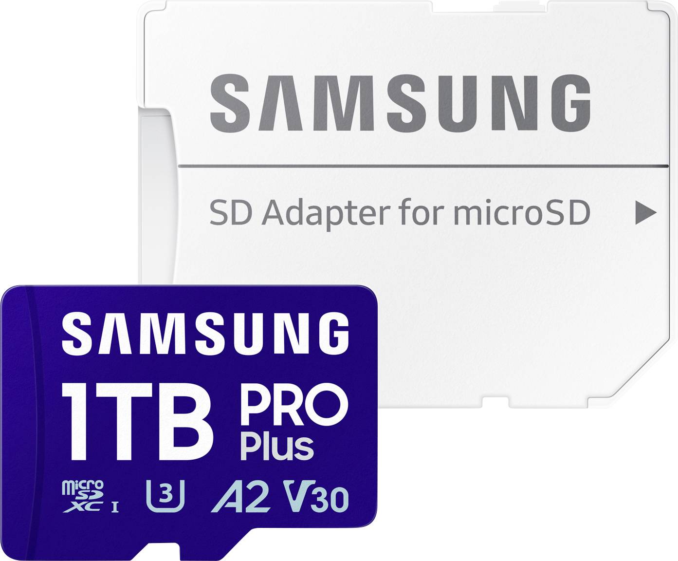 Adapter Samsung SD za microSD in Samsung 1TB PRO Plus microSD kartica prikazuje izdelke za shranjevanje z razširjeno zmogljivostjo pomnilnika.