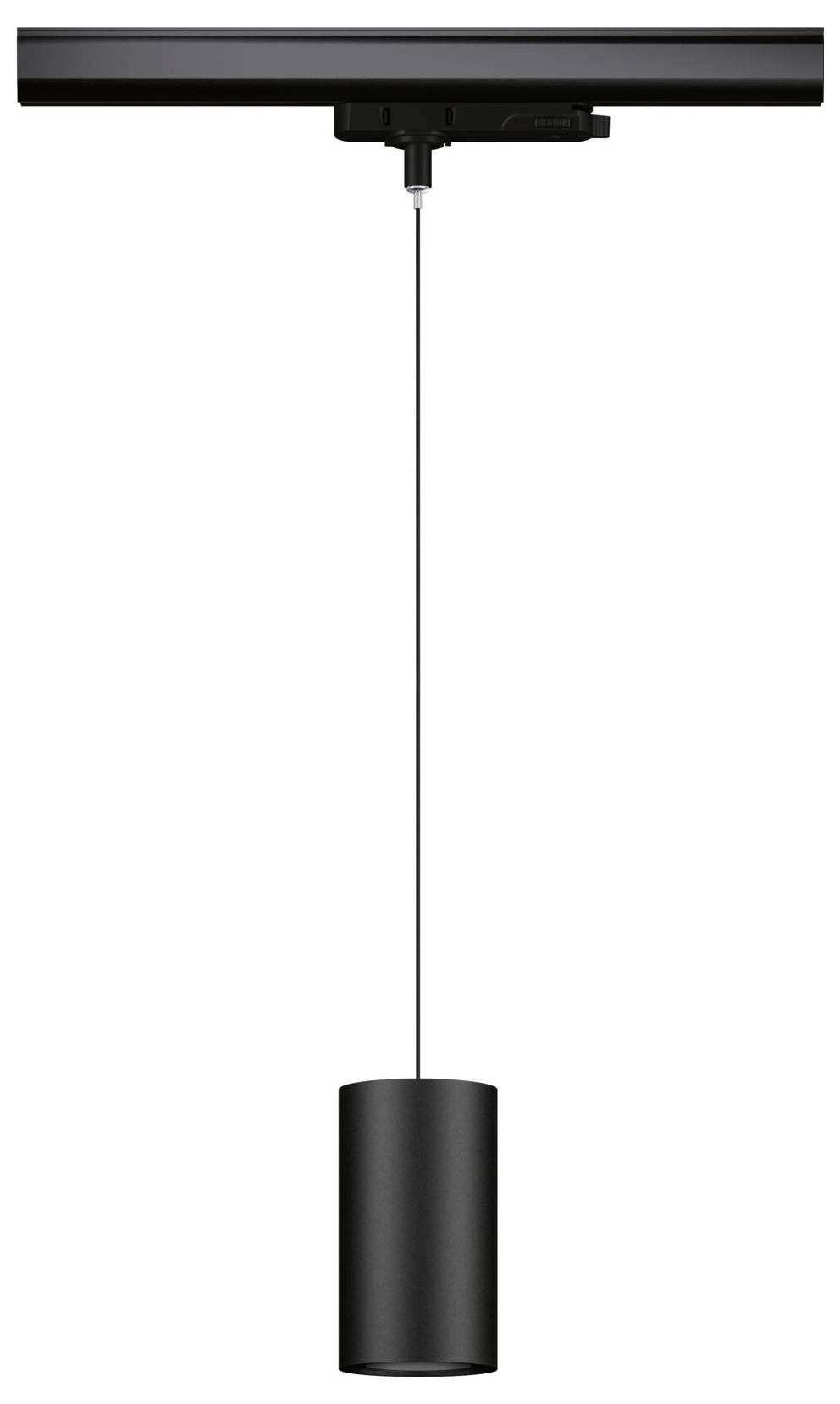 Črna cilindrična viseča svetilka s tankim kablom, primerna za sodobno notranjo opremo. Viseča svetilka, nameščena na tirnici.