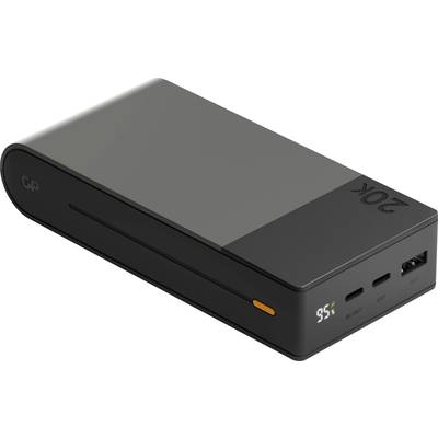 Črna prenosna baterija z napisom 20k, USB priključki in digitalnim prikazom pri 95% napolnjenosti. Kompaktna in prenosljiva.