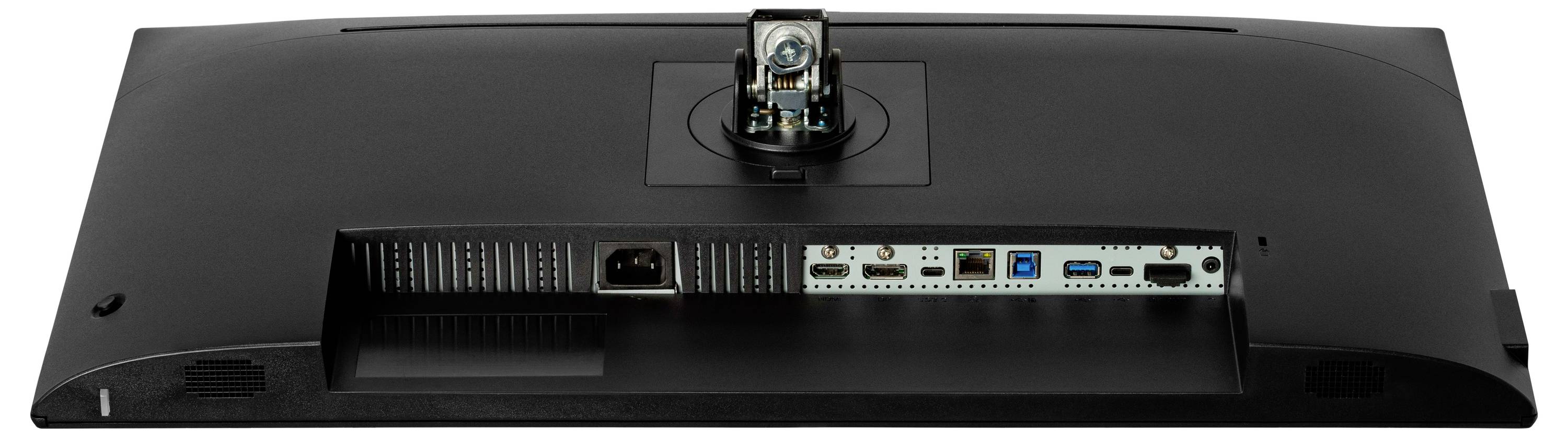 Slika prikazuje zadnjo ploščo monitorja z različnimi priključki, vključno z HDMI, DisplayPort, USB in napajalno priključnico.