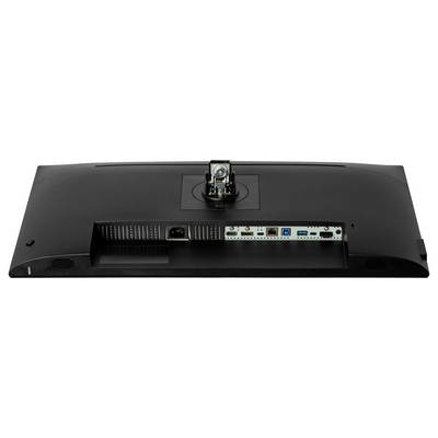 Slika prikazuje zadnjo ploščo monitorja z različnimi priključki, vključno z HDMI, DisplayPort, USB in napajalno priključnico.