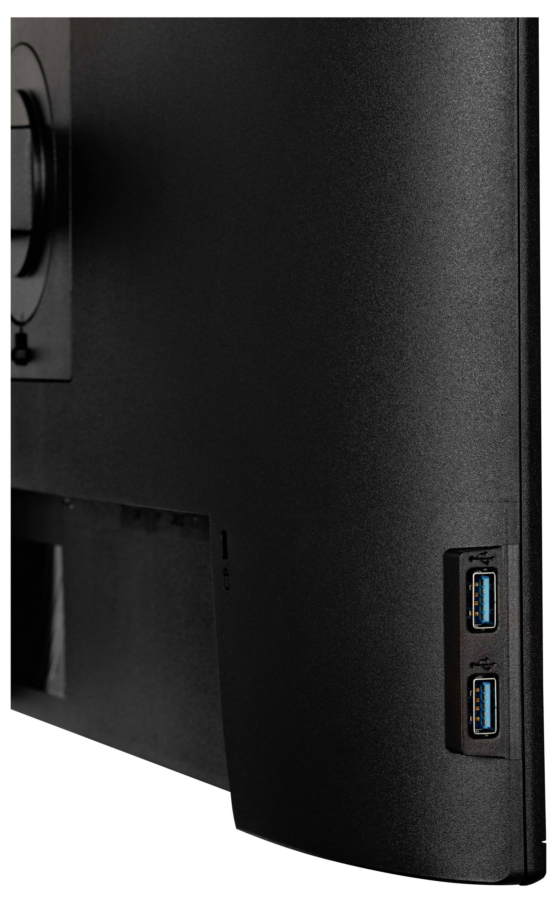 Bližnji posnetek stranske strani monitorja, ki prikazuje dva USB priključka, enega nad drugim, na elegantnem črnem ohišju.