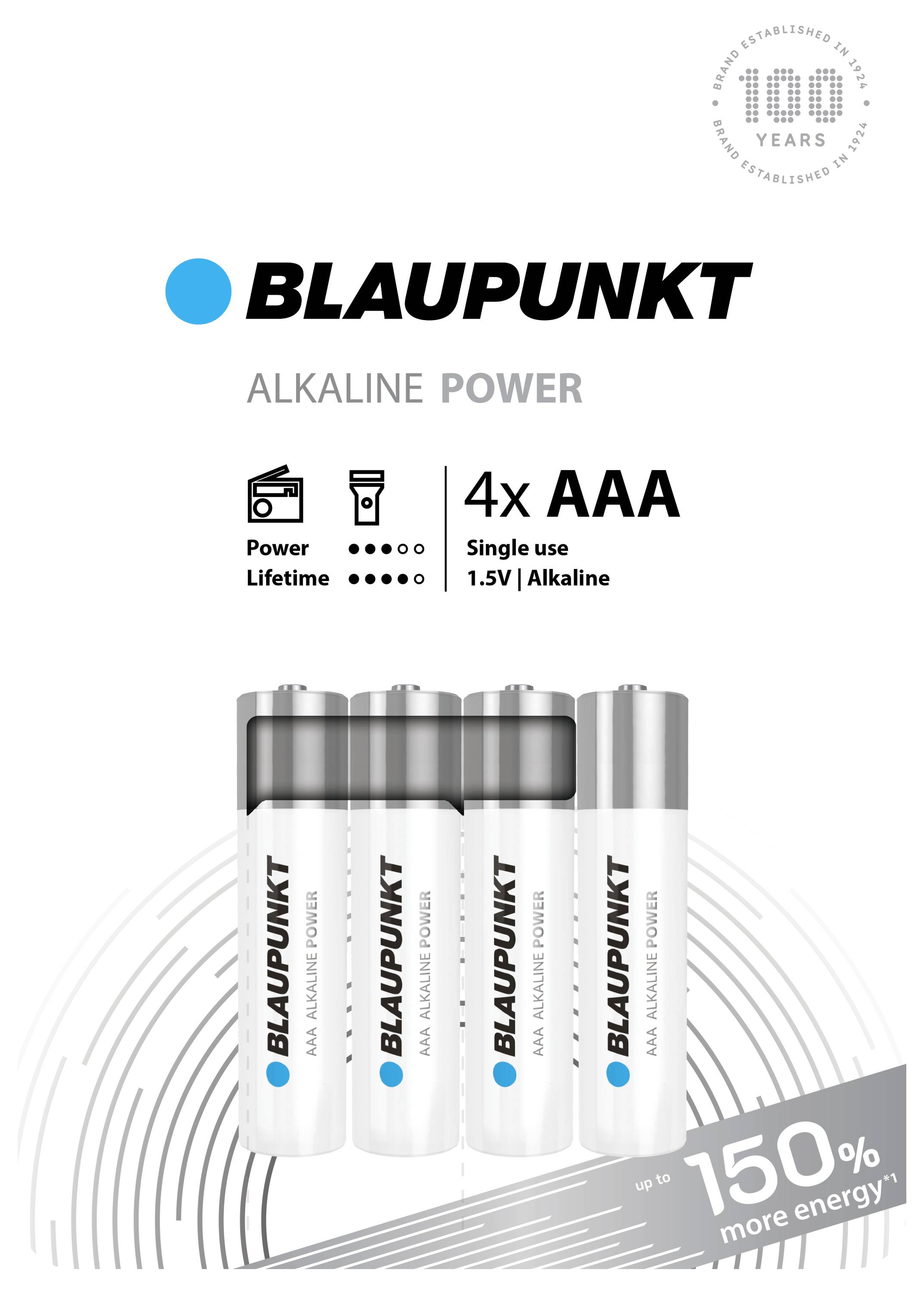 Baterijski paket 'BLAUPUNKT Alkaline Power' s 4 AAA baterijami, za enkratno uporabo, 1,5V. Do 150% več energije. Zbornik '100 let'.