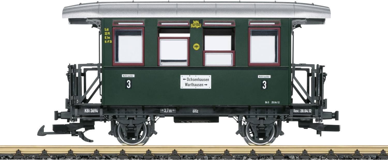 Zelen zgodovinski železniški vagon na tirih, pogled s strani, z napisi 'Dünsberg-Bahn' in '3. razred'.
