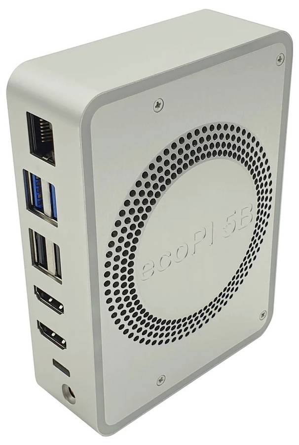 Majhen bel računalniški ohišje z več priključki na strani, med katerimi so USB- in HDMI-vhodi.