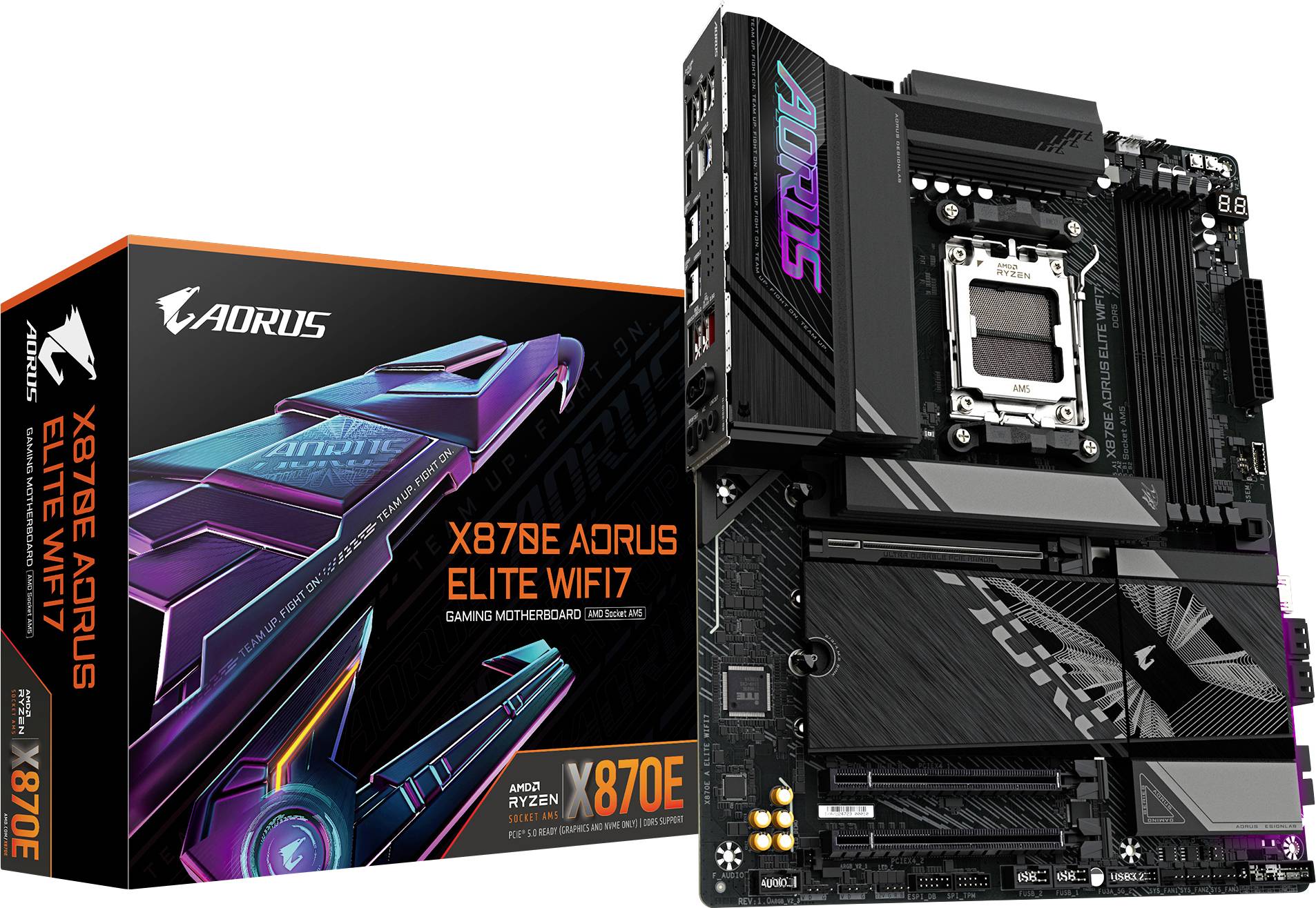'AORUS X87E Elite WiFi 7 matična plošča in embalaža. Vsebuje AMD vtičnico, RGB osvetlitev in najsodobnejše gaming funkcije.'