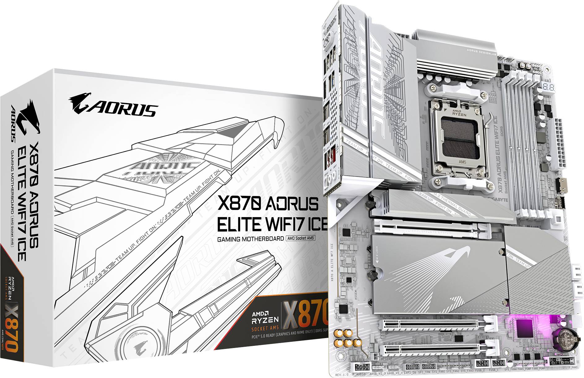 'X670 AORUS ELITE WIFI7 ICE' matična plošča in embalaža z futurističnim dizajnom. Vsebuje AMD Ryzen X670 sistemski nabor, primerna za igranje iger.