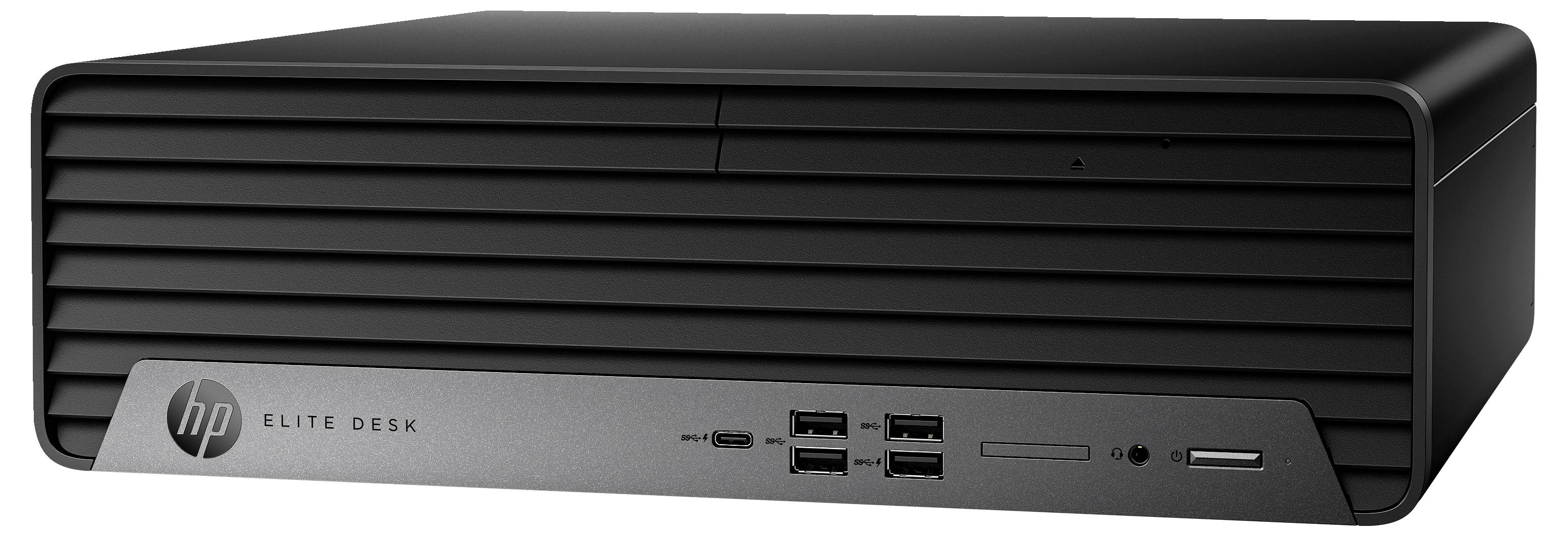 Črn HP EliteDesk namizni računalnik, ploščat dizajn, več USB priključkov na sprednji strani, primeren za pisarniško rabo.