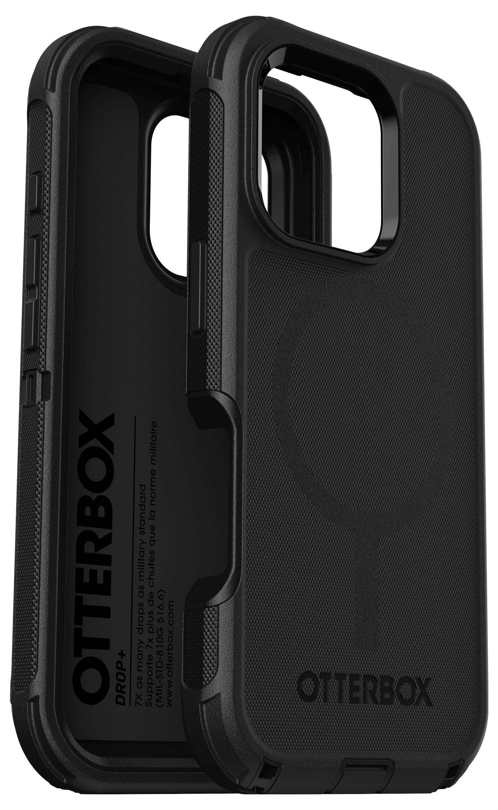 Črn Otterbox mobilni ovitek, delno odprt. Prikazuje robustno zasnovo z natančnimi izrezi za kamero in priključke.