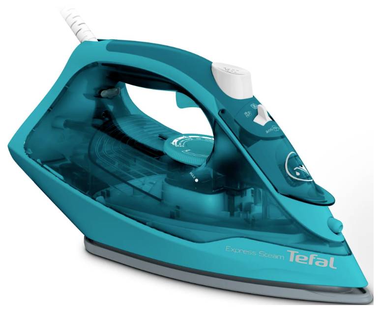 Modra parna likalnik znamke Tefal z belim ročajem stoji na beli podlagi.