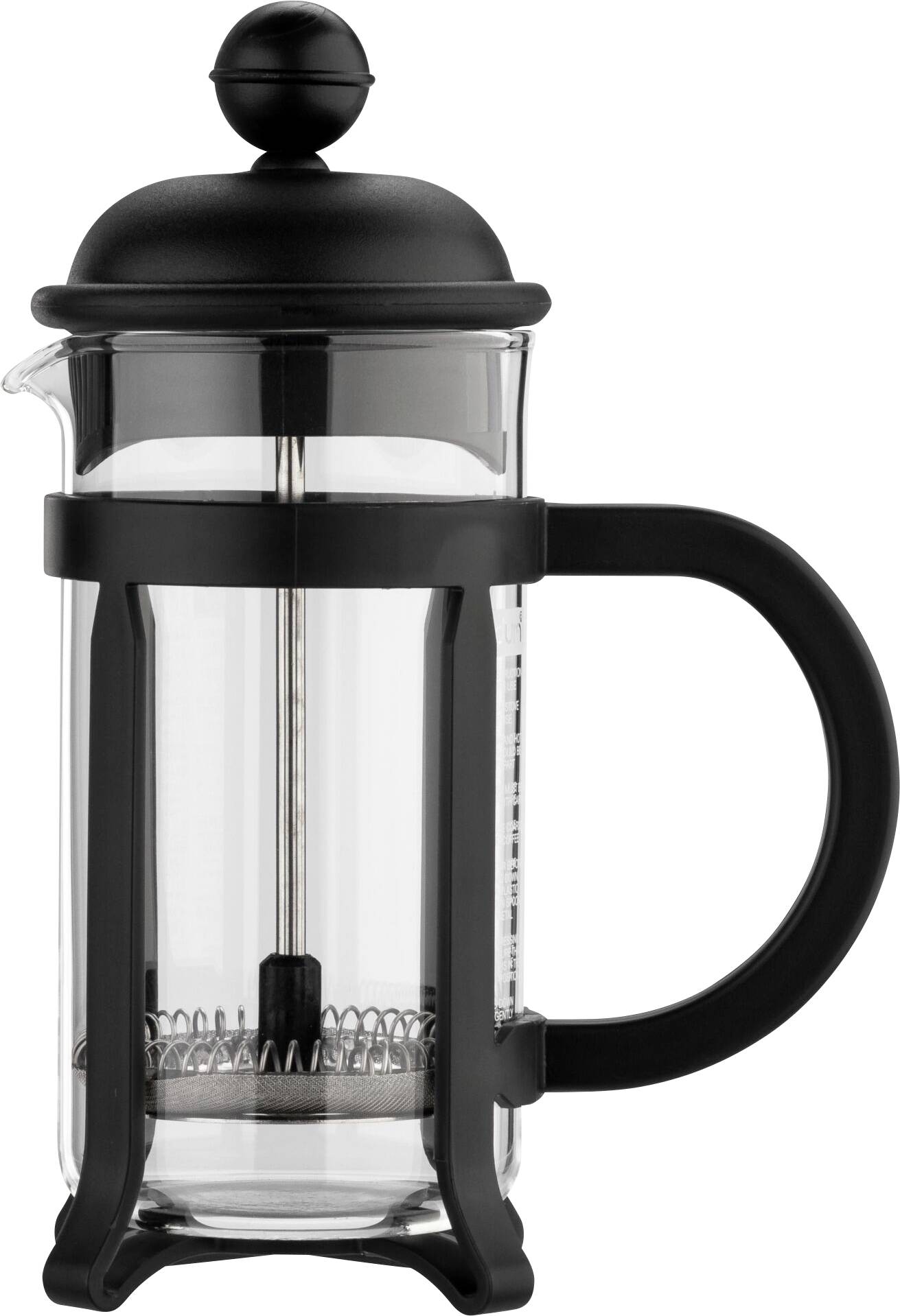 Prazna steklena French Press kavna posoda s črnim ročajem in pokrovom stoji pokončno.