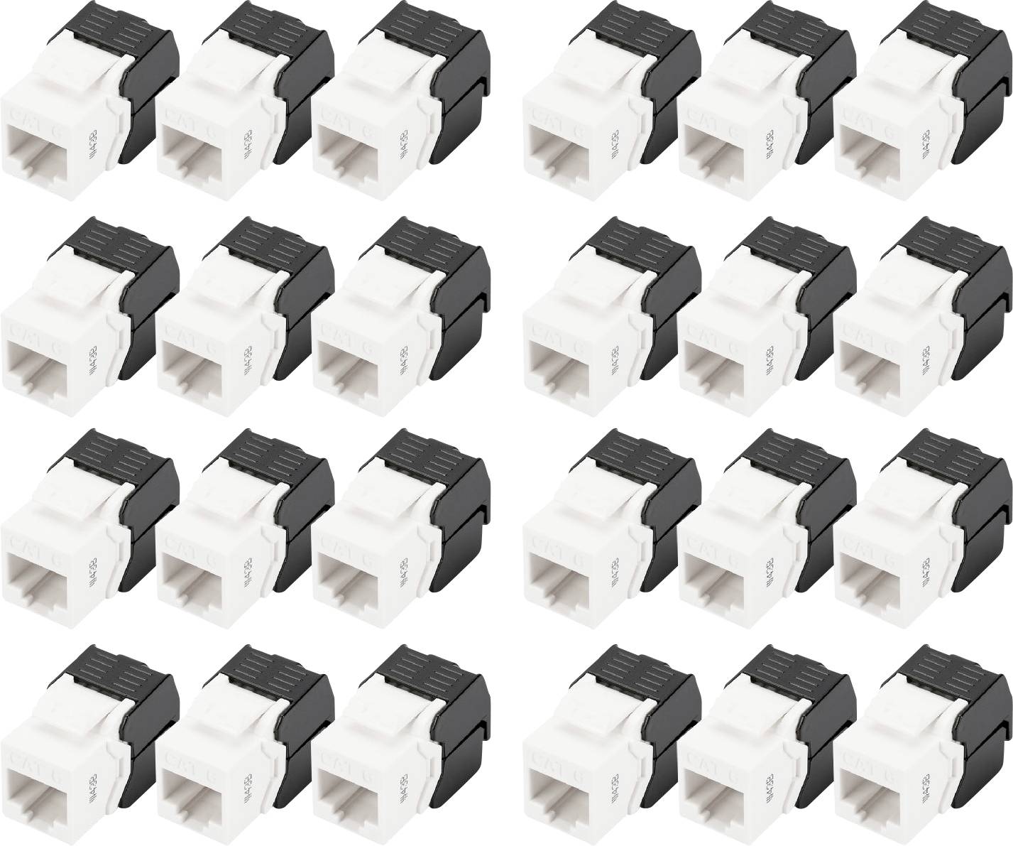 Več RJ45 keystone modulov, nameščenih drug ob drugem. Vsak modul ima belo priključno območje in črno sponko.