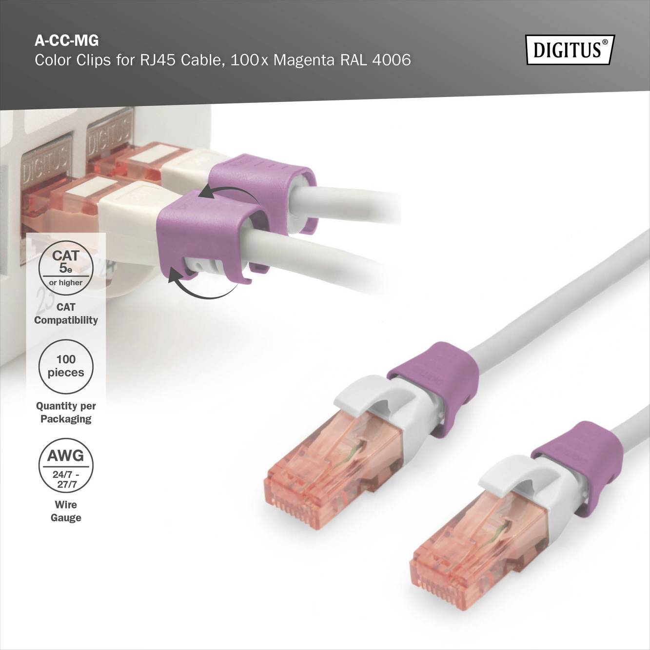 Slika RJ45 kablov s vijolično barvnimi sponkami, ki prikazujejo 'Barvne sponke za RJ45 kabel, 100x Magenta RAL 4006'. Blagovna znamka 'DIGITUS'.