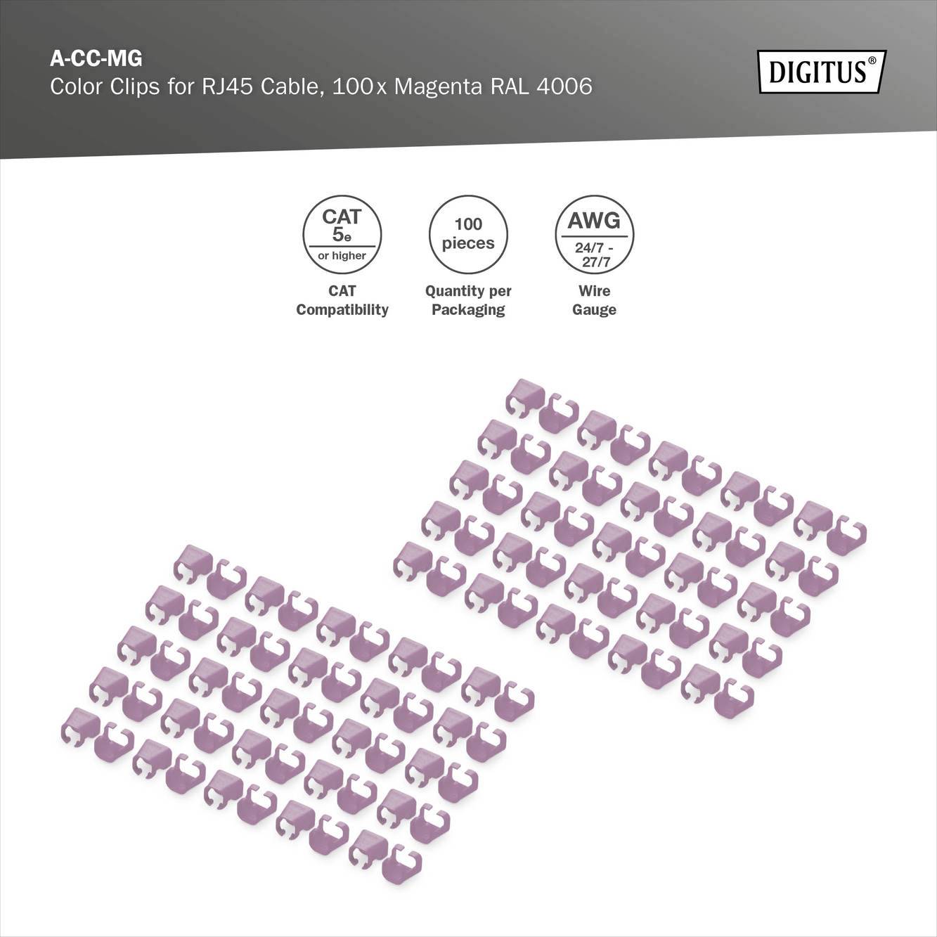 Barvni priključki za RJ45 kable, 100 kosov, magenta RAL 4006, združljivi s CAT5, AWG 24/7, pakiranje 100 kosov.