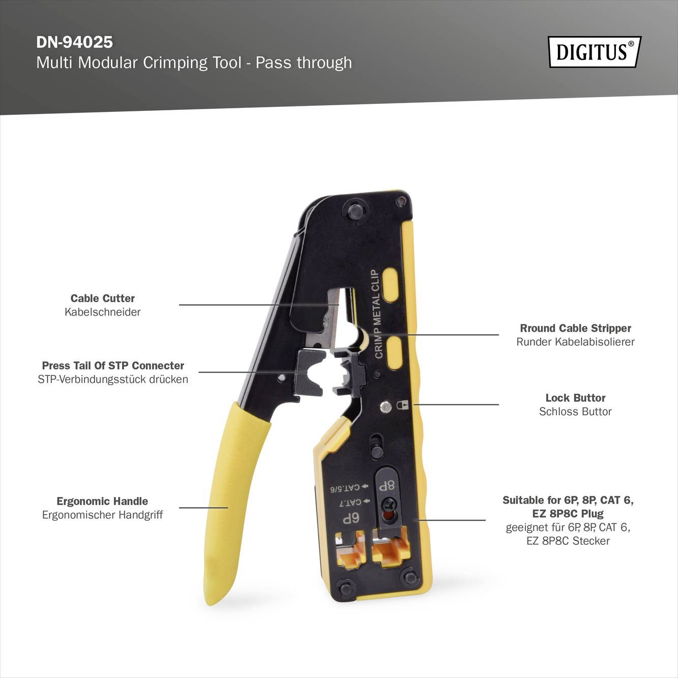 'Digitus DN-94025' večmodulska krimperska klešča z rezalno funkcijo. Primerna za GP, 6P, 8P, CAT 6. Ergonomski ročaj, odstranjevalec izolacije.