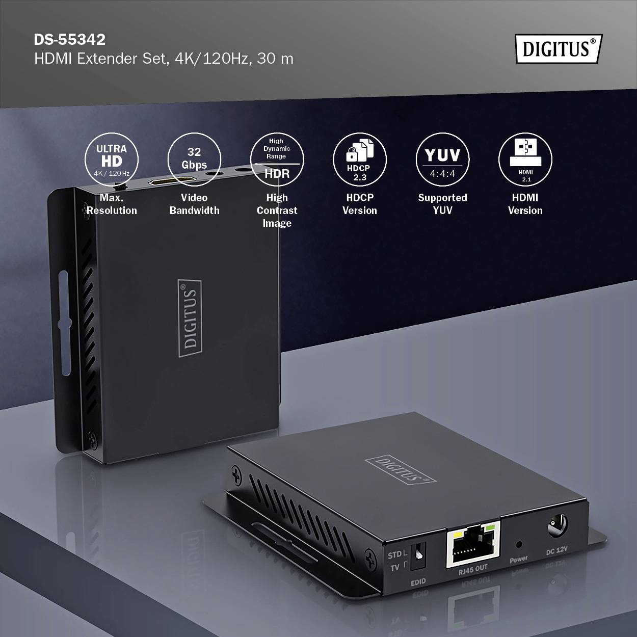 HDMI podaljševalnik Digitus DS-55342, primeren za 4K/120 Hz, doseg 30 m. Podpira HDMI 2.1, HDCP 2.3, YUV 4:4:4, HDR.