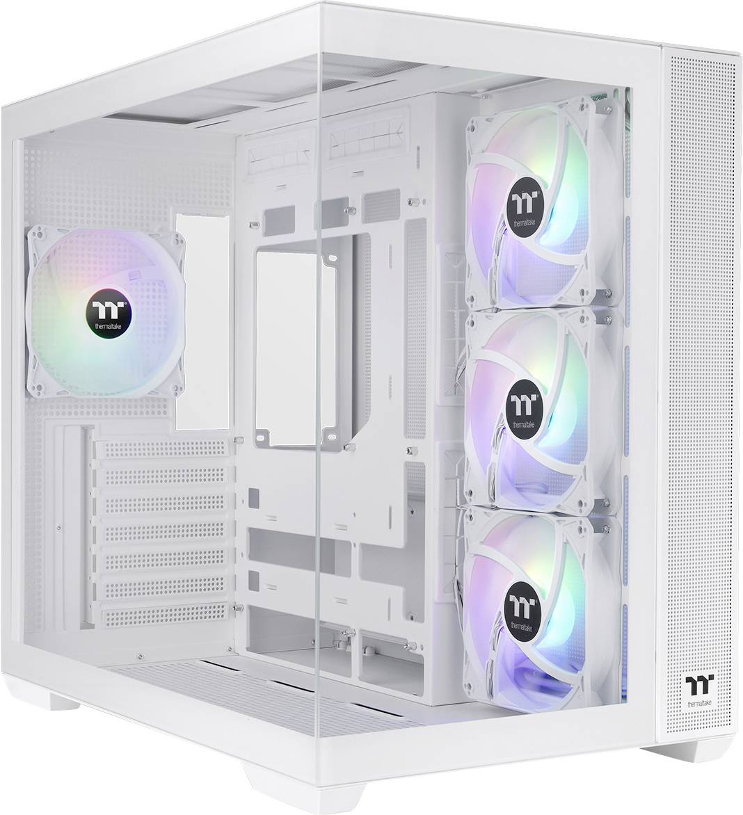 Belo ohišje računalnika s štirimi vgrajenimi RGB ventilatorji in stekleno ploščo, ki prikazuje notranjo razporeditev in elemente hlajenja.