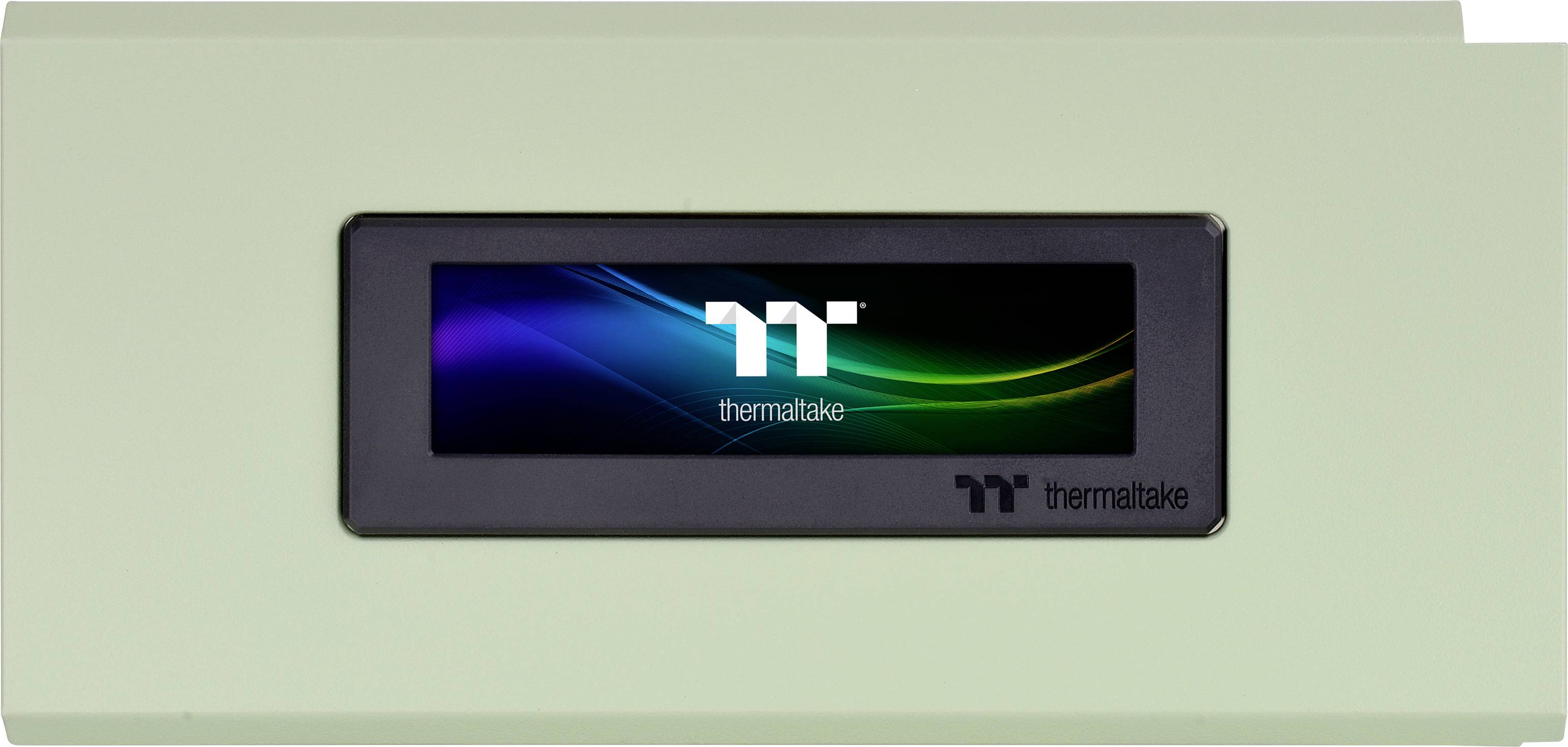 Pravokotna Thermaltake računalniška oprema s digitalnim zaslonom; prikazuje Thermaltake logotip in barvne valove na zaslonu.