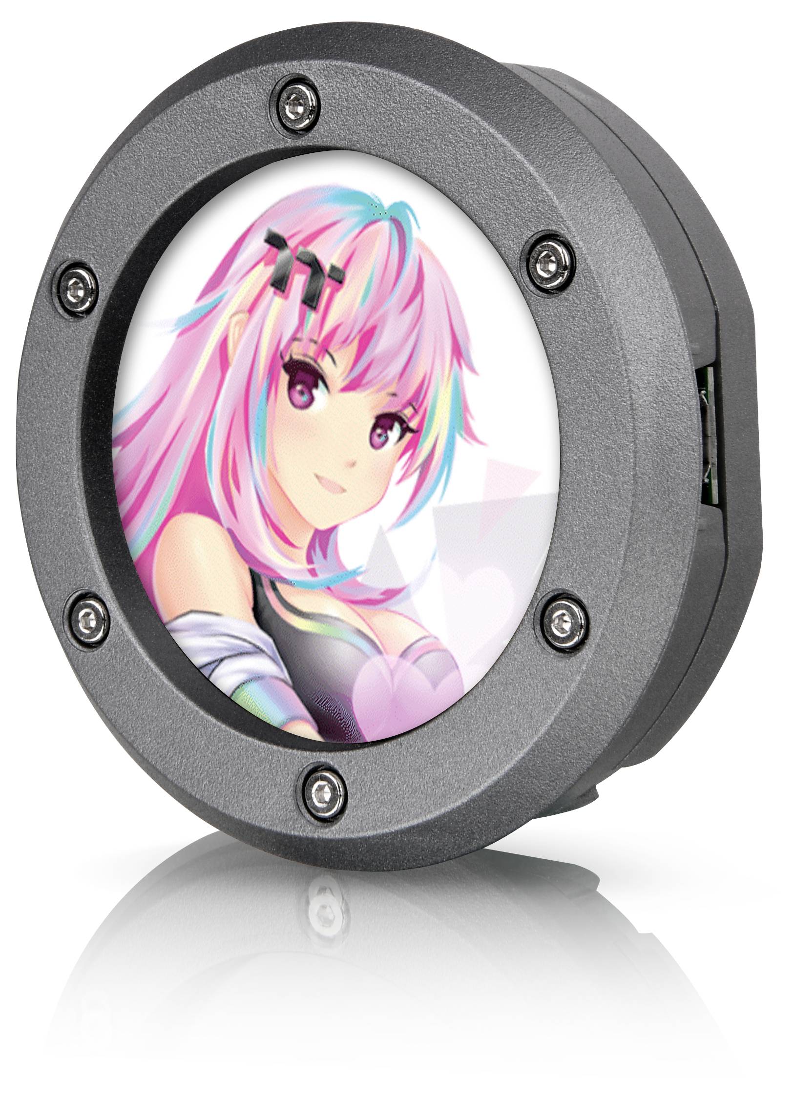 Barvna elektronska naprava z okroglim zaslonom, ki prikazuje ilustracijo anime like z rožnatimi lasmi in okrasjem na glavi.