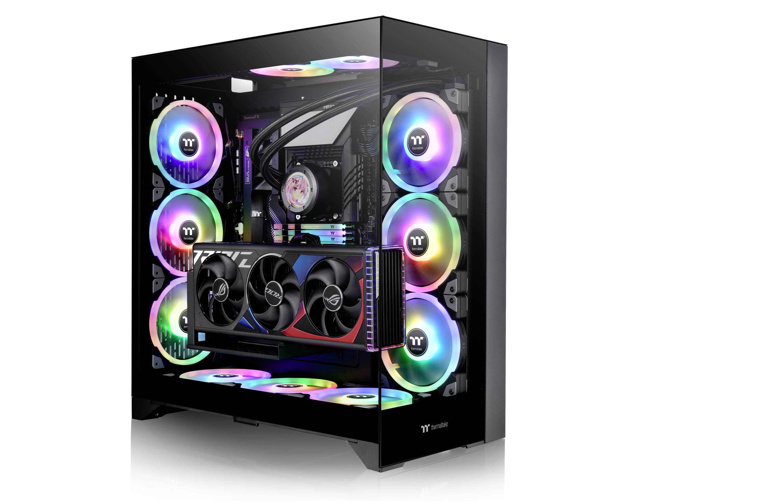 Sodoben gaming računalnik z RGB osvetljenimi ventilatorji in ohišjem, pogled na grafično kartico in hladilni sistem.