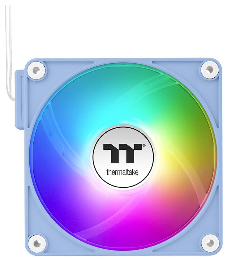 Moder računalniški ventilator z logotipom Thermaltake in svetlečimi RGB barvami.