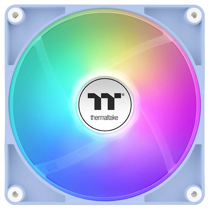 Kvadratni računalniški ventilator za ohišje RGB s svetlomodrim okvirjem, ki prikazuje živahno spekter barv. V sredini se nahaja logotip 'Thermaltake'.