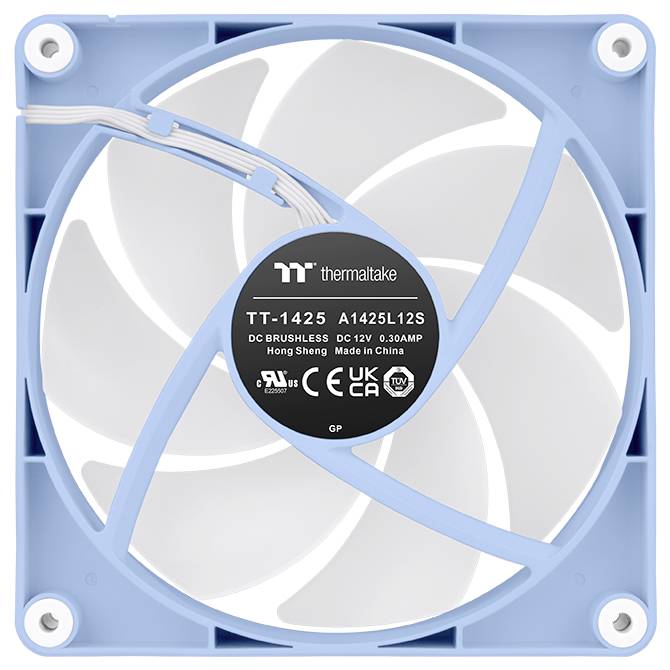 Termaltake računalniški ventilator s svetlo modrim okvirjem in belimi lopatami, označen z 'TT-1425 A1425L12S'.