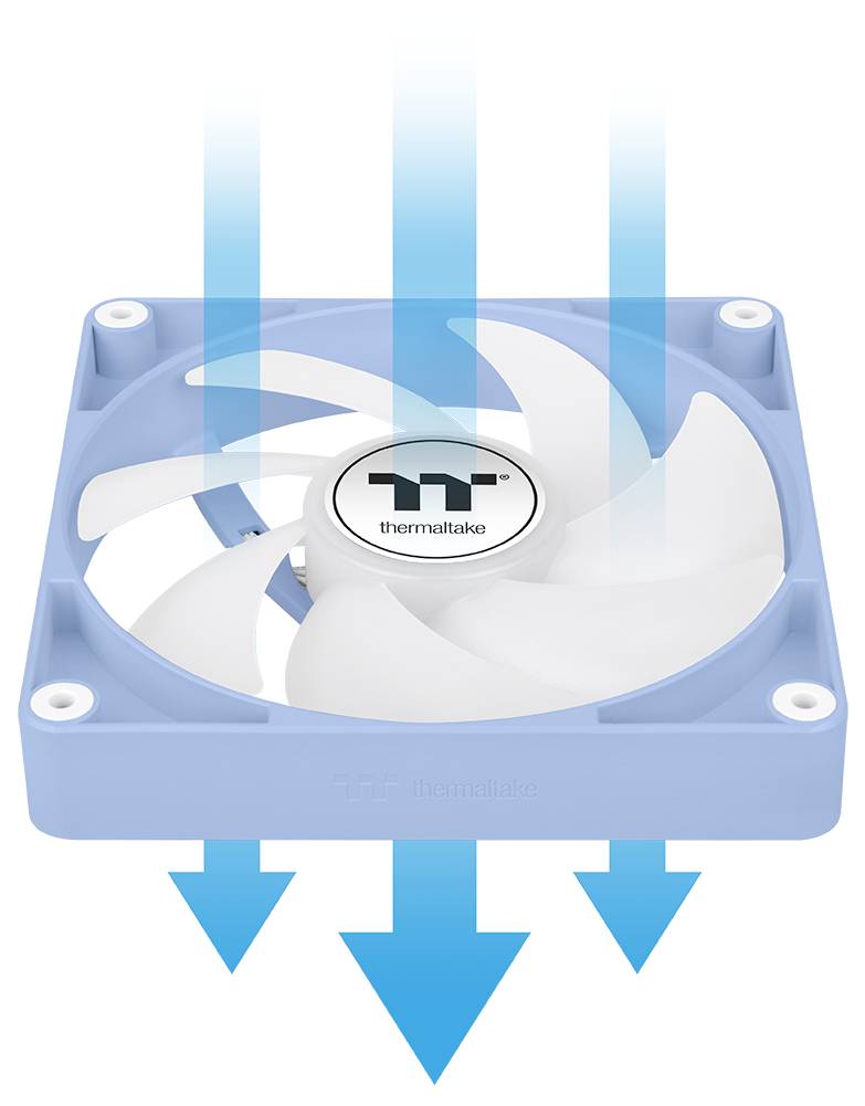 Modra računalniška hladilna ventilator Thermaltake s puščicami, ki prikazujejo smer pretoka zraka navzdol.