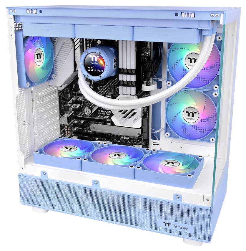 Igralni namizni računalnik s prozorno stransko ploščo prikazuje RGB hladilne ventilatorje in sistem tekočinskega hlajenja. Digitalni zaslon prikazuje »26°C«.