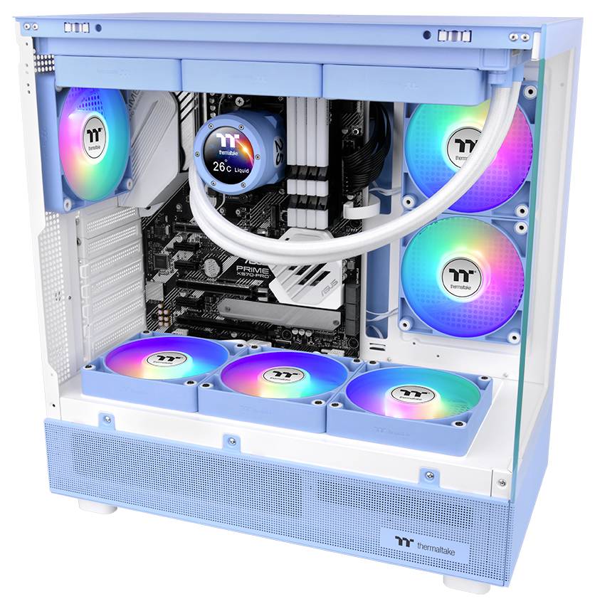 Modra in bela po naročilu narejena gaming PC z mavričnimi osvetljenimi ventilatorji in digitalnim prikazom, ki kaže »26°C«. Notranjost ohišja razkrije kable in komponente.