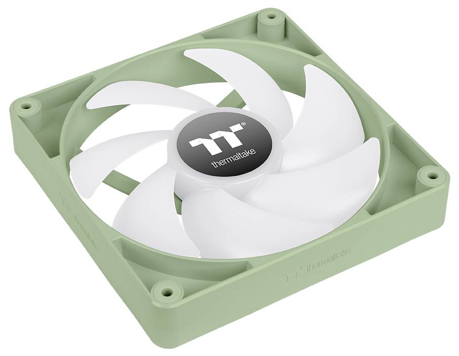 Zeleni hladilni ventilator računalnika ThermaTake s črnim logotipom v sredini in belimi lopaticami.