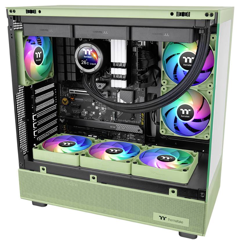 Zeleno ohišje namiznega računalnika z šestimi živahnimi RGB hladilnimi ventilatorji, vidnim notranjim matičnim ploščo in digitalnim prikazom termometra.