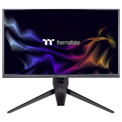 Računalniški zaslon prikazuje logotip Thermaltake na abstraktnem, barvitem ozadju. Monitor stoji na tritočkovnem stojalu.