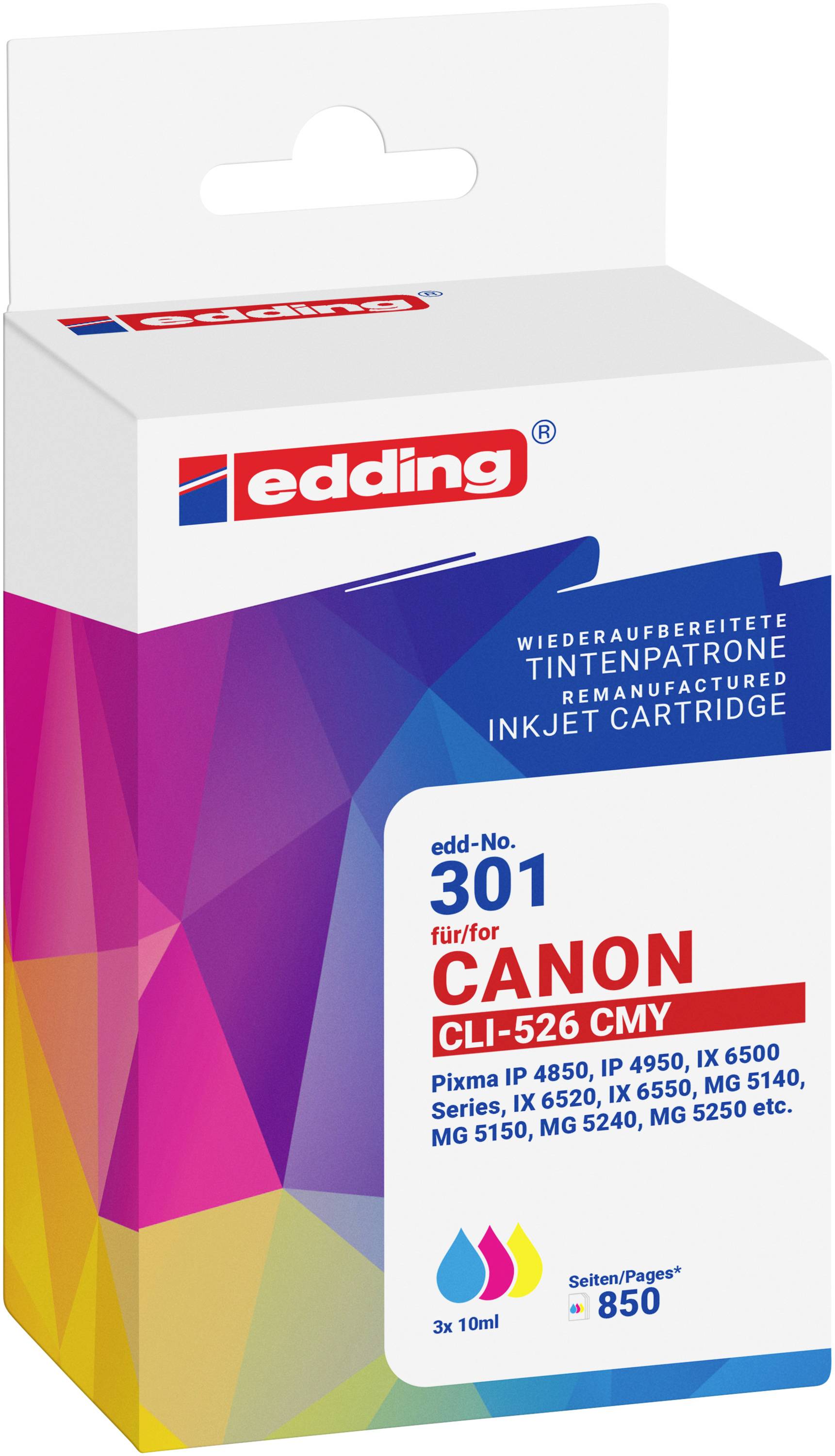Edding črnilo zamenjava Canon CLI-526CMY kompatibilnost kombinirano pakiranje cianova, magenta, rumena EDD-301 18-301-01-0