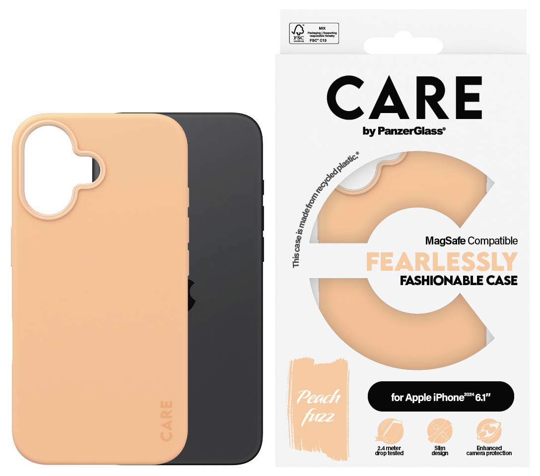 Zaščitni ovitek za iPhone v barvi breskve poleg embalaže. Besedilo: 'CARE by PanzerGlass, BREZSKRBNO MODNO OHIŠJE, za Apple iPhone 6.1'.