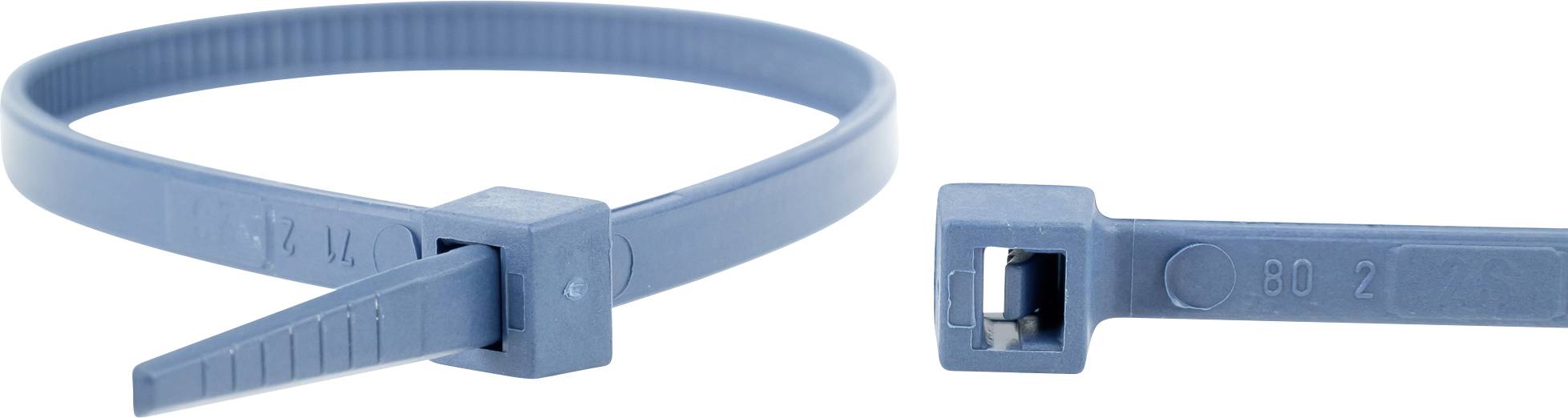 Moder kabelski vezač z nazobčano notranjo stranjo in mehanizmom za zapiranje, ki se uporablja za povezovanje ali pritrjevanje predmetov.