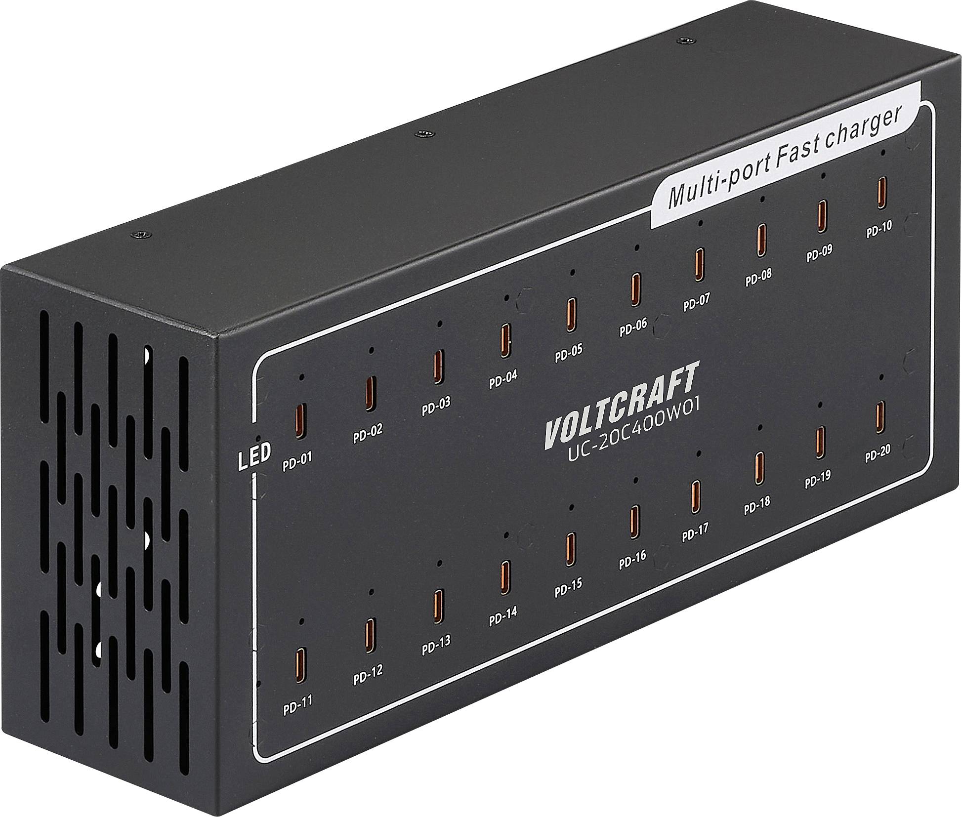Črn večportni hitri polnilnik znamke Voltcraft z 20 USB-C priključki, oštevilčenimi od PD-01 do PD-20.